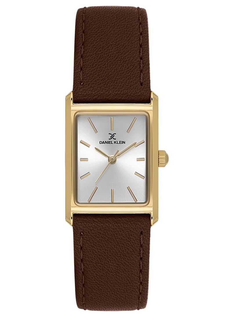 دانيل كلاين ساعة نسائية من الجلد | هيكل من سبيكة ذهبية | تناظري | قرص مربع فضي بنمط شعاعي | كوارتز ياباني | فاخر | مقاومة للماء حتى عمق 30 مترًا - Image 1